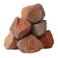 Stack of rough, reddish brown iron ore rocks is displayed, showcasing their natural texture and earthy tones. rocks are irregularly shaped, highlighting their raw, unrefined state png