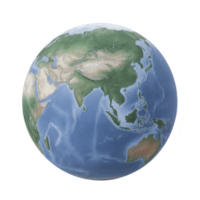 Detailed 3D rendering of Earth showcases Asia, Australia, and surrounding oceans, highlighting geographical features and topography. image provides realistic view of planet surface png