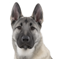 Close up of German Shepherd dog with alert ears and focused expression, showcasing its distinctive black and tan coat against plain background png