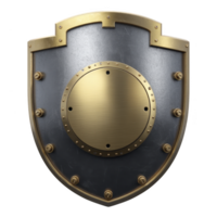 Metallic shield with gold border and central circular plate, featuring rivets for reinforcement, symbolizes protection and strength. design is sleek and medieval inspired png