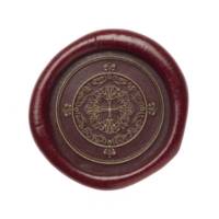 Vintage wax seal with intricate floral design in center, surrounded by ornate patterns, exudes sense of elegance and tradition. deep red wax adds touch of classic sophistication png