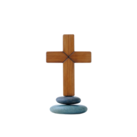 Wooden cross stands balanced on three smooth stones, symbolizing faith and stability. natural textures of wood and stones create serene and contemplative atmosphere png