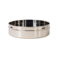 Shiny stainless steel round container with smooth surface and two side handles, ideal for kitchen storage or serving. Its reflective finish adds modern touch to any setting png