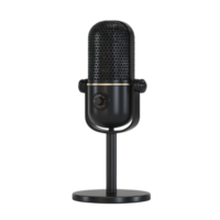 Sleek black microphone with mesh grille and sturdy stand, perfect for podcasting or recording. design is modern and professional, ideal for studio use png