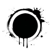 Black circular ink splatter with drips and splashes creates dynamic, artistic effect on transparent background. design is bold and abstract, perfect for creative projects png