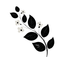 Simple black and white floral illustration features branch with leaves and small flowers, creating minimalist and elegant design. monochrome palette adds classic touch png