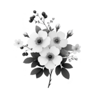 Grayscale illustration of floral arrangement features detailed flowers and leaves, creating elegant and artistic design. monochrome palette adds classic and timeless feel png