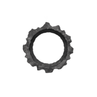 Textured, circular, black gear like object with rugged, industrial appearance, isolated on transparency background. object has rough, uneven surface, suggesting wear or age png
