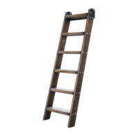 Wooden ladder with five steps is shown, featuring dark finish and metal reinforcements at top. ladder is designed for indoor use, providing sturdy and reliable option for reaching higher areas png