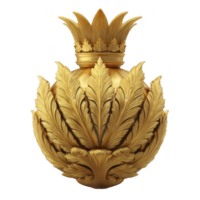 Golden ornate vase with intricate leaf patterns and crown like top, showcasing luxurious and elegant design. detailed craftsmanship highlights sense of opulence and artistic flair png
