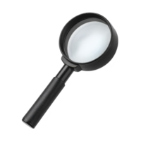 Black magnifying glass with textured handle and clear lens, used for close up examination and investigation. tool is isolated on transparency background png