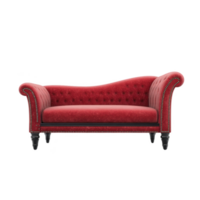 Luxurious red velvet sofa with elegant tufted design and curved armrests, perfect for adding touch of sophistication to any living room png