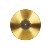 Shiny gold vinyl record with reflective surface, symbolizing music achievement and luxury. circular grooves and metallic sheen create sense of nostalgia and elegance png