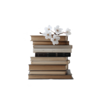 Stack of vintage books is adorned with delicate white flowers, creating serene and nostalgic atmosphere. combination of old books and blossoms evokes sense of tranquility and timelessness png