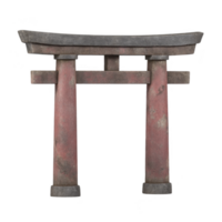 Traditional Japanese torii gate with weathered red pillars and black top beam, symbolizing entrance to sacred space. rustic appearance adds sense of history and cultural significance png