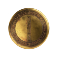 This features round, golden coin with intricate geometric patterns and central vertical line. design is ornate, suggesting cultural or historical significance.golden coin with geometric patterns png