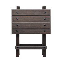 Wooden easel with dark finish and multiple horizontal slats, featuring black knobs, stands on sturdy base. design is simple and functional, suitable for various artistic or display purposes png