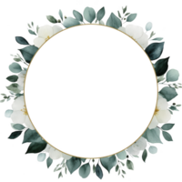 Circular floral frame with white flowers and green leaves creates elegant and natural border. design features gold outline, adding touch of sophistication, perfect for invitations or announcements png