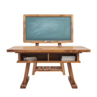 Wooden desk with books is placed in front of chalkboard, creating classic classroom setting. chalkboard is clean, ready for writing, and desk has rustic charm png
