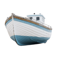 Vintage wooden fishing boat with blue and white hull is isolated on transparency background, showcasing its rustic charm and weathered texture png