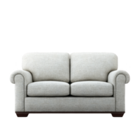 Comfortable, light gray fabric sofa with rolled arms and classic design, perfect for cozy living room setting. sofa features plush, inviting appearance png