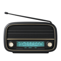 Vintage black radio with antenna and illuminated frequency display evokes nostalgia. classic design features two knobs and horizontal speaker grille, capturing retro aesthetic png