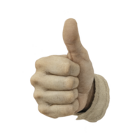 Hand wearing beige glove gives thumbs up gesture, symbolizing approval or agreement. glove has textured fabric appearance, adding rustic feel to image png