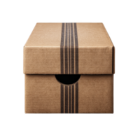 Brown cardboard shoe box with simple design and black stripes is shown, perfect for packaging or storage. box is closed and has minimalist appearance png