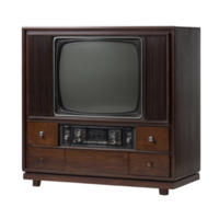 Vintage wooden television set with classic design, featuring large screen and control knobs, evokes nostalgia. dark wood finish and retro style highlight mid 20th century aesthetics png