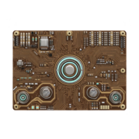 Detailed circuit board with intricate patterns and glowing elements, showcasing advanced technology and electronic components. design is symmetrical and futuristic png
