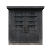 Rustic wooden door with barred windows and metal handles, exuding vintage charm. dark wood and weathered texture suggest old, historical building or structure png