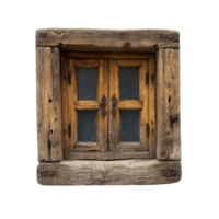 Rustic wooden window with weathered frames and glass panes exudes vintage charm, showcasing intricate metal handles. aged wood texture adds character and history png