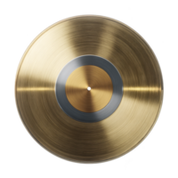 Shiny gold vinyl record with metallic center, symbolizing music achievement and luxury. circular grooves and reflective surface create sense of nostalgia and elegance png