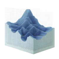 3D wireframe graph with blue mesh illustrates complex data visualization, showcasing peaks and valleys on grid. design is modern and abstract, ideal for presentations png