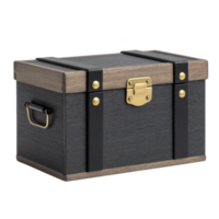 Small, elegant wooden chest with black finish and gold accents, featuring secure latch and side handles, perfect for storing treasures or decorative use png