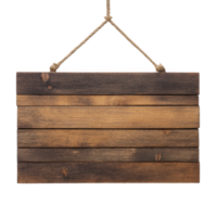Rustic wooden sign hangs from rope, featuring horizontal planks with natural wood grain texture. sign is empty, ready for customization or decoration png