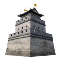 Historic stone fortress with yellow flags top, featuring multiple levels and arched windows, stands prominently. structure showcases ancient architectural design, evoking sense of history png