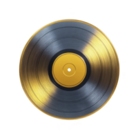 Vinyl record with gold and black gradient design, featuring central label. reflective surface creates vintage and elegant appearance, ideal for music themed projects png