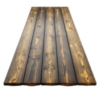 Wooden table with rustic, charred finish showcases unique, textured surface. planks display warm, natural wood grain pattern, creating inviting and cozy atmosphere png