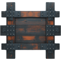 Rustic wooden sign with dark, weathered finish and metal rivets, evoking vintage and sturdy appearance. wood grain is visible, adding texture and character png
