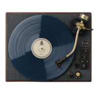 Vintage turntable with blue vinyl record and brass tonearm creates nostalgic atmosphere. textured surface and classic design evoke sense of retro charm png