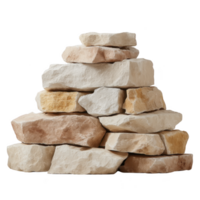 Stack of natural stone bricks arranged in pyramid shape, showcasing various shades of beige and brown. rough texture and irregular shapes highlight rustic and earthy feel png
