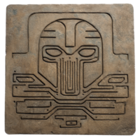 This features ancient stone carving with intricate geometric patterns and stylized face. design is symmetrical and appears to be influenced by tribal or cultural art styles, evoking sense png