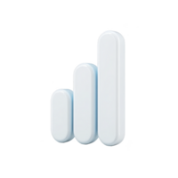 3D bar chart icon with three vertical bars of varying heights, symbolizing data analysis and growth. bars are smooth and rounded, with glossy white finish, set against transparent background png