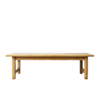 Wooden bench with simple, rustic design is shown against transparency background. bench features natural wood finish, highlighting its grain and texture, and sturdy legs for support png
