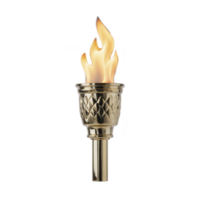 Golden torch with realistic flame symbolizes victory and celebration, featuring intricate patterns on handle. warm glow evokes sense of triumph and honor png