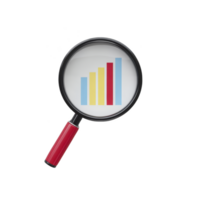 Magnifying glass with red handle focuses on colorful bar graph, symbolizing data analysis and growth. bars are in blue, yellow, and red, representing different data sets png