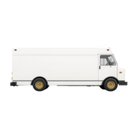 White delivery truck with boxy design and gold wheels is shown in profile view, isolated on transparency background. vehicle is commonly used for transporting goods and services png
