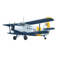 Vintage biplane with blue and white color scheme, featuring propeller and distinctive yellow accents, evokes sense of nostalgia and adventure. aircraft displays military insignia png