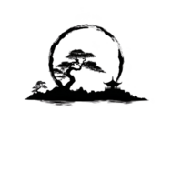Serene black and white illustration features bonsai tree silhouette within circular frame, evoking sense of tranquility and balance. minimalist design highlights elegance of nature png